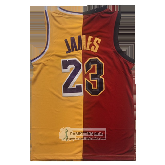 Camiseta Cleveland Cavaliers Los Angeles Lakers LeBron James NO 23 Split Rojo Amarillo